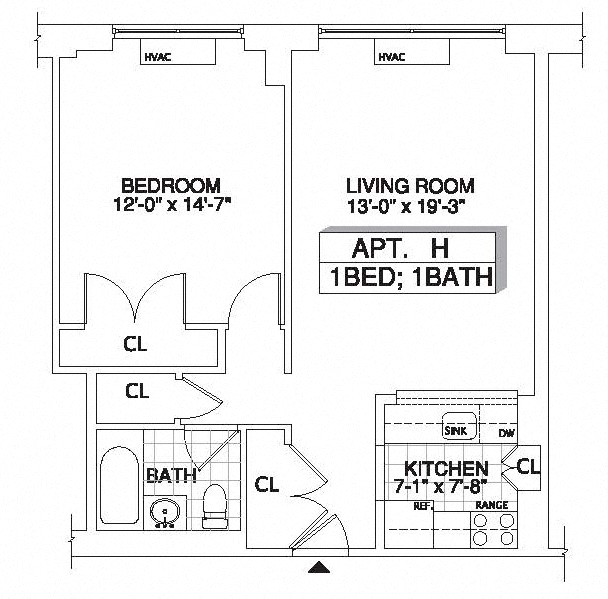 Floor plan for 1 bed, 1 bath, 733 sqft
